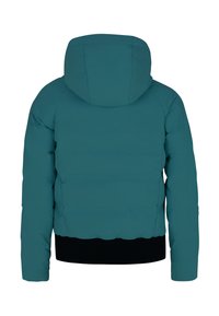 Mėlynos spalvos pūkinė striukė su gobtuvu, juodos spalvos raštuotas apvadas ir lygus, blizgus paviršius. Turi trumpą siluetą ir nematomus aparatūros elementus.