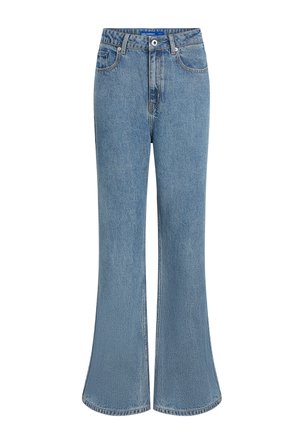 Jeans a zampa di colore azzurro chiaro in denim con vita alta, due tasche e dettagli di cuciture lungo le cuciture.