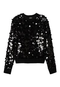 Pull noir recouvert de sequins brillants, avec un col rond et des poignets côtelés. Matière douce avec une surface texturée.