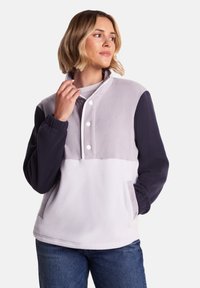 Fleece pullover in gray and navy, featuring a snap button placket, textured fabric, and ribbed cuffs. Includes a front pocket.