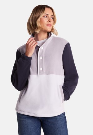 Fleece pullover in gray and navy, featuring a snap button placket, textured fabric, and ribbed cuffs. Includes a front pocket.
