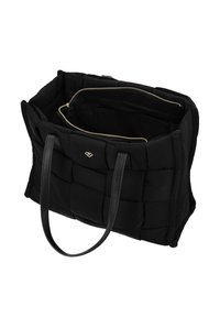 Sort quiltet tote taske med syntetisk stof, to sorte læderhåndtag, guldtonet lynlås og indre lomme. Blød tekstur og rummelig design.