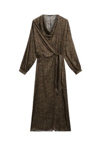 Abito avvolgente marrone a maniche lunghe con un piccolo motivo a pois beige, dotato di scollo a cowl e cintura in vita.