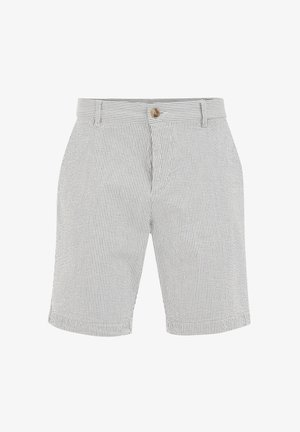 Stribede shorts i lys grå og marineblå, skræddersyet pasform, med frontknaplukning og sidelommer, lavet af åndbart bomuldsstof.