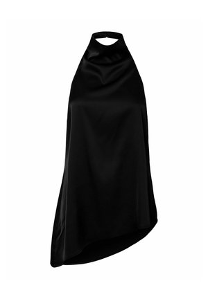 Μαύρο σατέν φόρεμα με λαιμό halter, ασύμμετρο τελείωμα, χωρίς μανίκια και ψηλό λαιμόκοψη με κλείσιμο με κορδόνι στο πίσω μέρος.