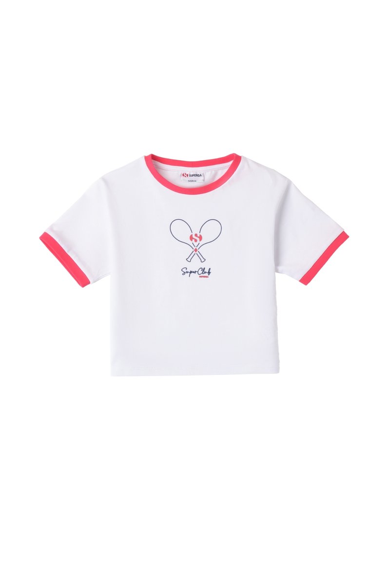 Camiseta blanca con cuello y mangas en rosa. Presenta un gráfico azul de raquetas de tenis cruzadas y el texto "SuperClub" debajo.