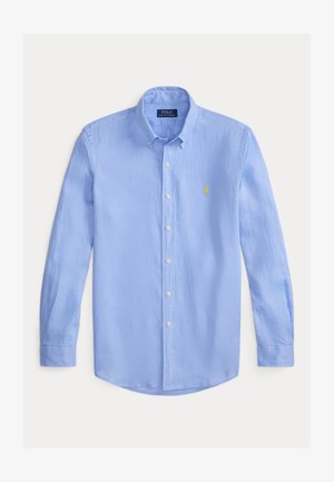 Hellblaues langärmliges Hemd mit Knöpfen, Knopfkragen und kleinem gelbem besticktem Polo Ralph Lauren-Logo auf der Brust.