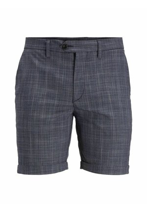 Dunkelgraue Shorts aus leichtem Stoff mit Karomuster, vorderer Knopfverschluss und aufgerollten Säumen für einen maßgeschneiderten Look.