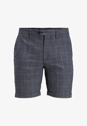 Pantaloncini grigio scuro realizzati in tessuto leggero, con motivo a quadri, chiusura frontale con bottone e risvolti arrotolati per un aspetto sartoriale.