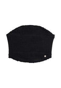 Black textured strapless bandeau top with subtle ruffled edges and small round gold logo tag on bottom right.