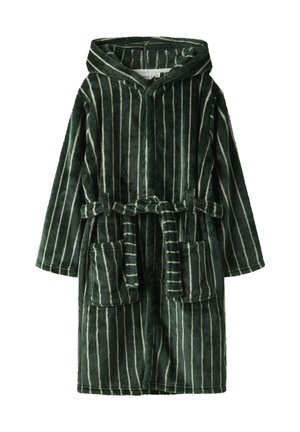 Donkergroene badjas met capuchon, witte verticale strepen, twee voorzakken en bijpassende stoffen ceintuur die om de taille is gestrikt.