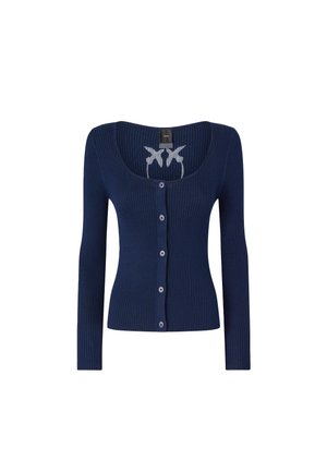 Cardigan a coste blu navy con maniche lunghe, chiusura frontale a bottoni e scollatura a barchetta. Presenta un motivo stampato sottile all'interno della scollatura.