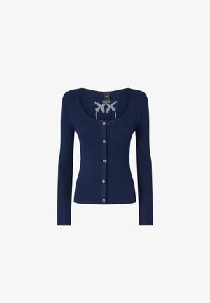 Cardigan a coste blu navy con maniche lunghe, chiusura frontale a bottoni e scollatura a barchetta. Presenta un motivo stampato sottile all'interno della scollatura.