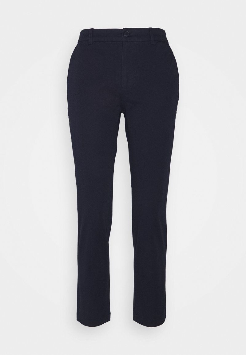 Pantalon bleu marine à jambes droites avec fermeture par bouton et zip, passants de ceinture, et taille mi-haute.