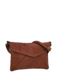 Brun läder crossbody-väska med klaffstängning, med en triangulär design och en avtagbar rem. Slät textur med sydda detaljer.