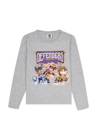Graues Langarm-T-Shirt mit buntem Grafikdruck von drei Cartoon-Hunden und dem Text "Verteidiger der Abenteuerstadt."