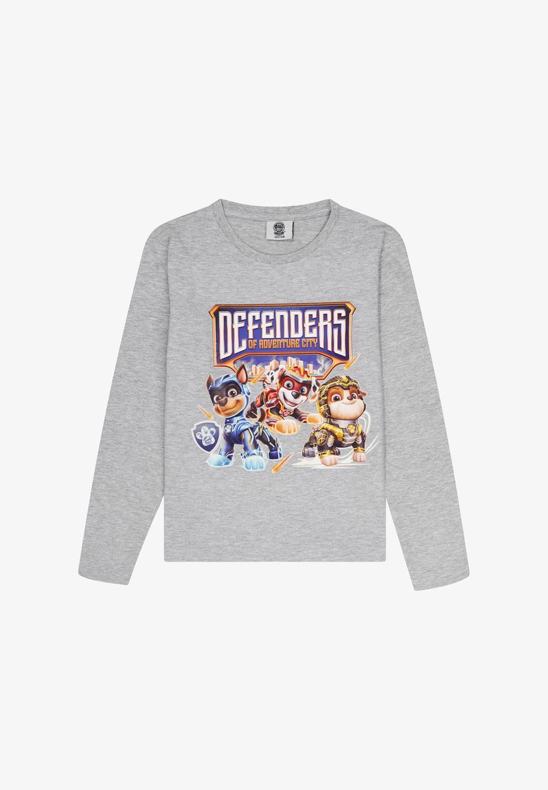 Graues Langarm-T-Shirt mit buntem Grafikdruck von drei Cartoon-Hunden und dem Text "Verteidiger der Abenteuerstadt."