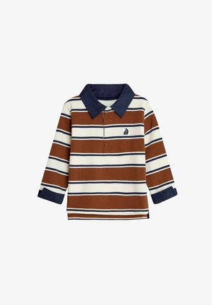Pitkähihaista polo-paitaa ruskeassa, kermanvärisessä ja laivaston sinisessä raidallisessa kuosissa. Kauluksellinen malli, jossa pieni purjevenelogo rinnassa. Puuvillamateriaalia.