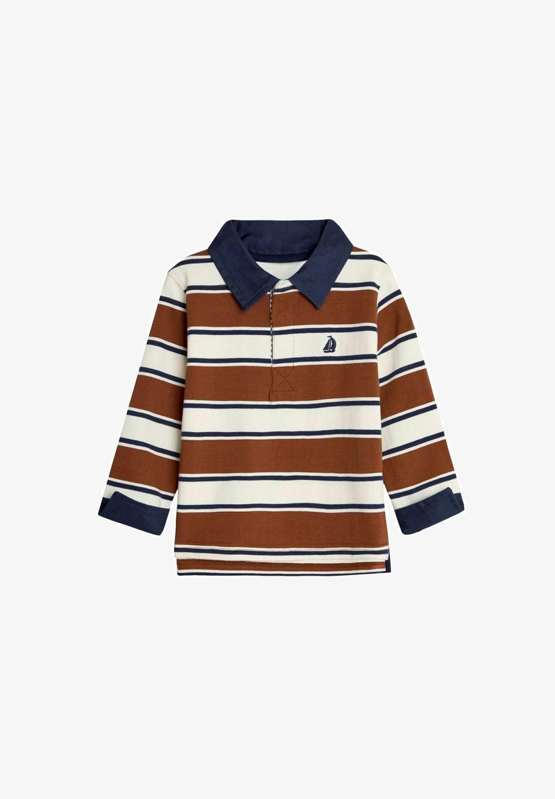 Langarm-Polohemd in Braun, Creme und Marineblau gestreift. Mit Kragen und kleinem Segelboot-Logo auf der Brust. Aus Baumwolle.