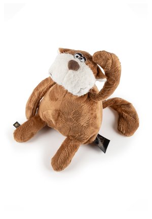 Brown plush monkey toy with big white snout, round eyes, and long limbs sitting against white background.