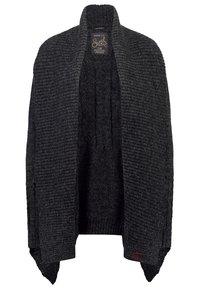 Černý žebrovaný pletený kardigan s otevřeným předním dílem bez zapínání. Má široký límec a boční rozparky, vyrobený z texturované směsi vlny.