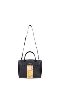 Borsa a mano in pelle nera con un accento rettangolare di colore chiaro con un design a mappa. Presenta manici doppi e una tracolla regolabile.