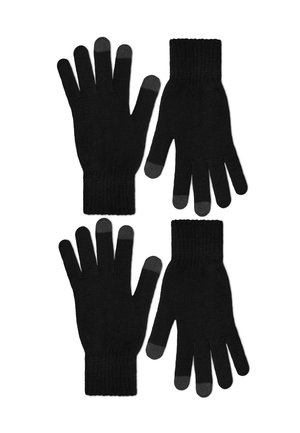 Zwei Paar schwarze Strickhandschuhe mit grauen Spitzen an Daumen, Zeige- und Mittelfinger, flach auf weißem Hintergrund angeordnet.
