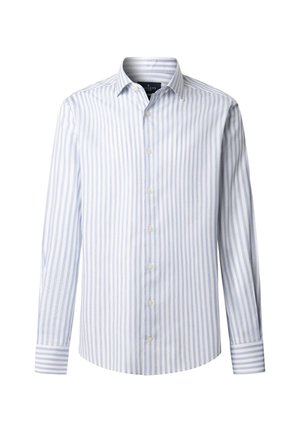 Camisa de botones a rayas en azul claro y blanco. Presenta mangas largas, un cuello clásico y una textura de tela suave.