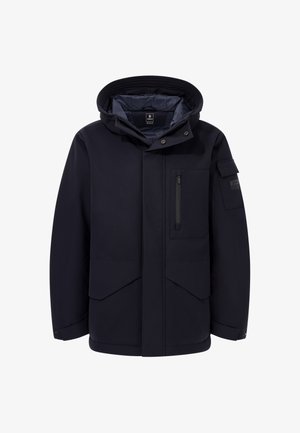 Navy wasserfeste Jacke mit Kapuze, ausgestattet mit Reißverschlüssen und mehreren großen Taschen, hergestellt aus robustem Stoff mit glatter Textur.