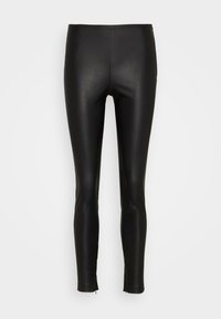 Leggings neri in pelle con vestibilità slim, caratterizzati da una texture liscia e cerniere alla caviglia per la regolazione. Nessuna cucitura o hardware visibile.