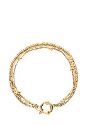 Mehrreihiges Armband aus Gold mit glatten und strukturierten Gliedern, runden Perlen und einem Knebelverschluss, das eine Mischung aus polierten und matten Oberflächen zeigt.