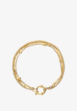 Mehrreihiges Armband aus Gold mit glatten und strukturierten Gliedern, runden Perlen und einem Knebelverschluss, das eine Mischung aus polierten und matten Oberflächen zeigt.