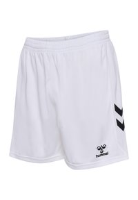 Witte sportieve shorts gemaakt van lichtgewicht stof, met een zwart chevronpatroon aan de zijkanten en een logo aan de onderrand. Elastische tailleband.