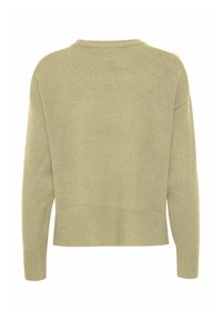 Hellgrüner Pullover mit Rundhalsausschnitt, geripptem Saum und lockerer Passform. Hergestellt aus weichem, strukturiertem Stoff. Lange Ärmel mit überschnittenen Schultern.