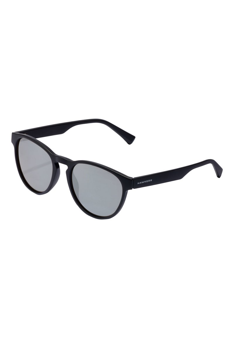 Black plastic sunglasses with round lenses, silver mirrored finish, and straight arms. Features minimal branding on the temple.