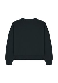 Zwarte sweatshirt met een ronde hals, verlaagde schouders en geribbelde manchetten. Gladde textuur en een cropped ontwerp zonder zichtbare patronen of accenten.