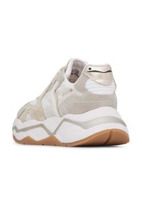 Chunky sneakers with a light beige and white color scheme; suede and mesh materials; silver accents on the heel and midsole.