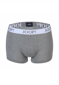 Boxer grigi in morbido tessuto con elastico bianco in vita recante il logo "JOOP!" e un design aderente.