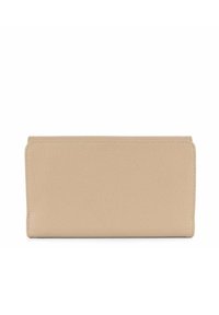 Portefeuille en cuir beige avec une texture lisse, en forme rectangulaire, et au design minimaliste. Présente des détails de couture le long des bords.