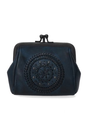 Navy leather coin purse with a circular embossed pattern, braided accent, and black metal clasp closure. Smooth texture and structured shape.