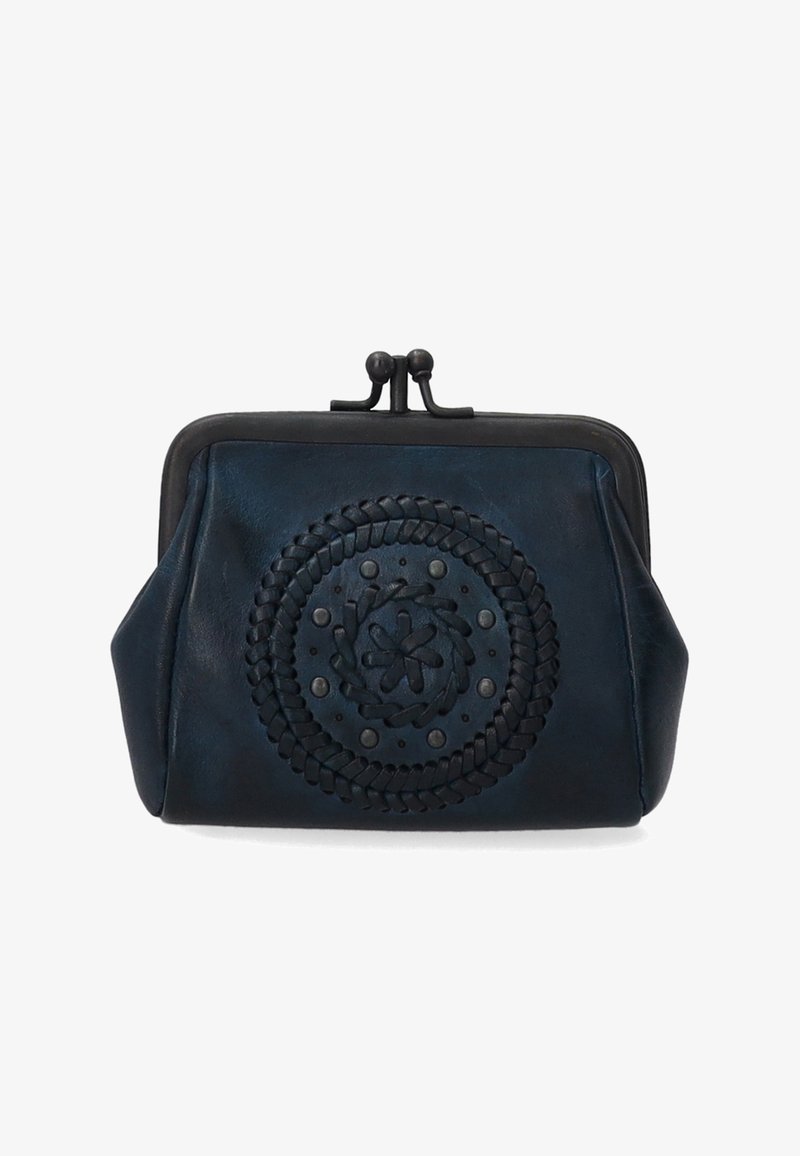 Námořnická kožená mince s oblíbeným vzorem, splétaným akcentem a černým kovovým uzávěrem. Hladký povrch a strukturovaný tvar.