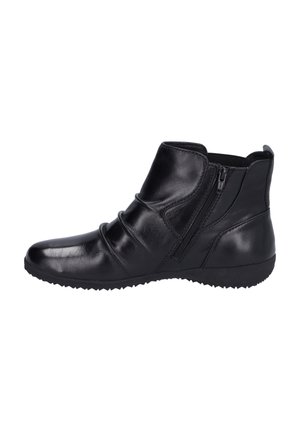 Bottines en cuir noir avec une finition lisse, fermeture éclair et détails cousus sur les côtés. Semelle en caoutchouc texturé pour une bonne accroche.