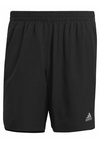 Zwarte sportshorts van lichtgewicht stof, met een elastische tailleband en een klein grijs logo aan de onderzijde rechts.