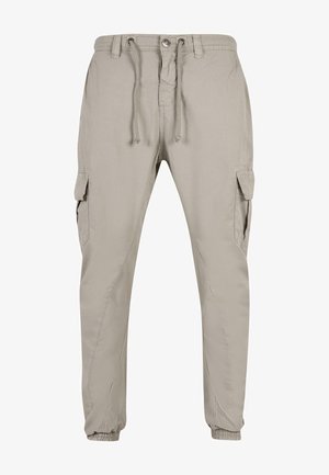 Beige cargo bukser lavet af letvægtsstof, med elastisk talje, snoretræk og to sidelommer.