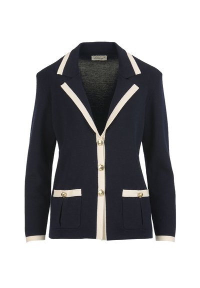 Navy blazer with cream trim on collar, lapels, cuffs, and pockets, featuring gold-tone buttons down the front and on pockets.