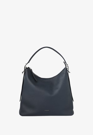Navy leather shoulder bag with a soft, textured surface, a curved silhouette, and a detachable strap featuring silver-tone hardware.