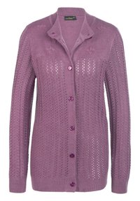 Paarse gebreide cardigan met een subtiel openbreide ontwerp, knopen en geribbelde manchetten. Decoratieve stiksels langs de schouders.