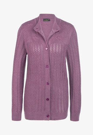 Cardigan en tricot violet avec un design légèrement ajouré, des boutons et des poignets côtelés. Détail de broderie décorative le long des épaules.