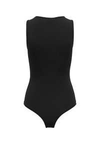 Sort, ærmeløs bodysuit med høj hals, lavet af glat, strækbart stof; har en trusse design i bunden og rene sømme.