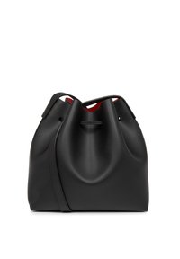 Borsa a secchiello nera realizzata in pelle liscia, caratterizzata da una forma rotonda, una consistenza morbida e un rivestimento interno rosso a contrasto. Tracolla regolabile.